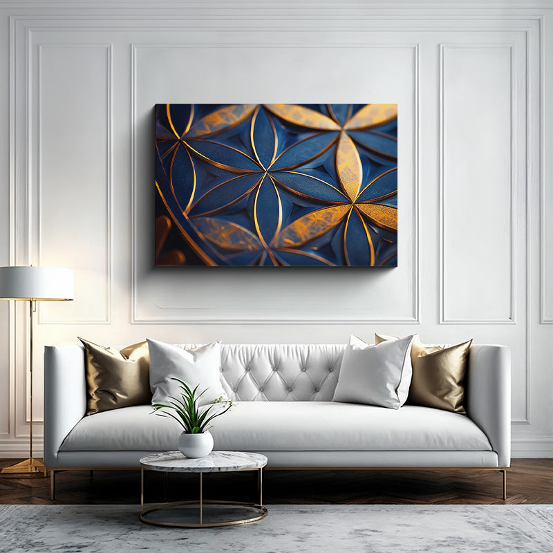 reFlowery - hochwertiges Acryl Wandbild "Blume des Lebens", Gold, Blau, 3D, glänzend, versch. Größen