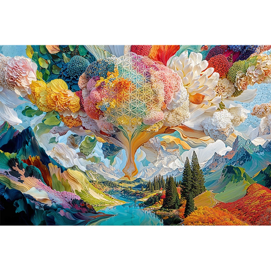 reFlowery – hochwertiges Acryl Wandbild „Blume des Lebens“, „Baum des Lebens“, Bunt, Fantasie, Berge, versch. Größen
