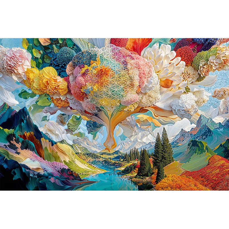 reFlowery – hochwertiges Acryl Wandbild „Blume des Lebens“, „Baum des Lebens“, Bunt, Fantasie, Berge, versch. Größen