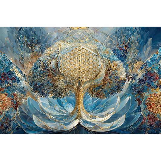 reFlowery – hochwertiges Acryl Wandbild „Blume des Lebens“, „Baum des Lebens“, Halschakra, Blau, versch. Größen