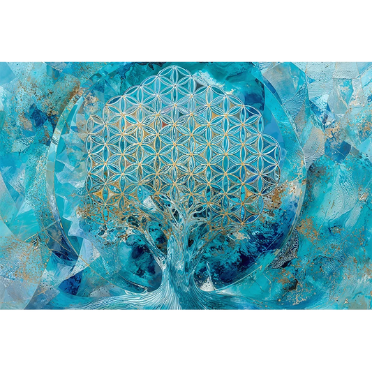 reFlowery – hochwertiges Acryl Wandbild „Blume des Lebens“, „Baum des Lebens“, Halschakra, Blau, Leuchtend, versch. Größen