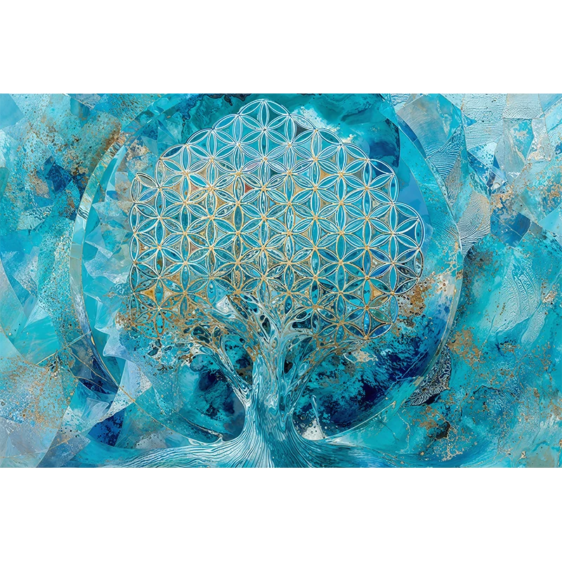 reFlowery – hochwertiges Acryl Wandbild „Blume des Lebens“, „Baum des Lebens“, Halschakra, Blau, Leuchtend, versch. Größen