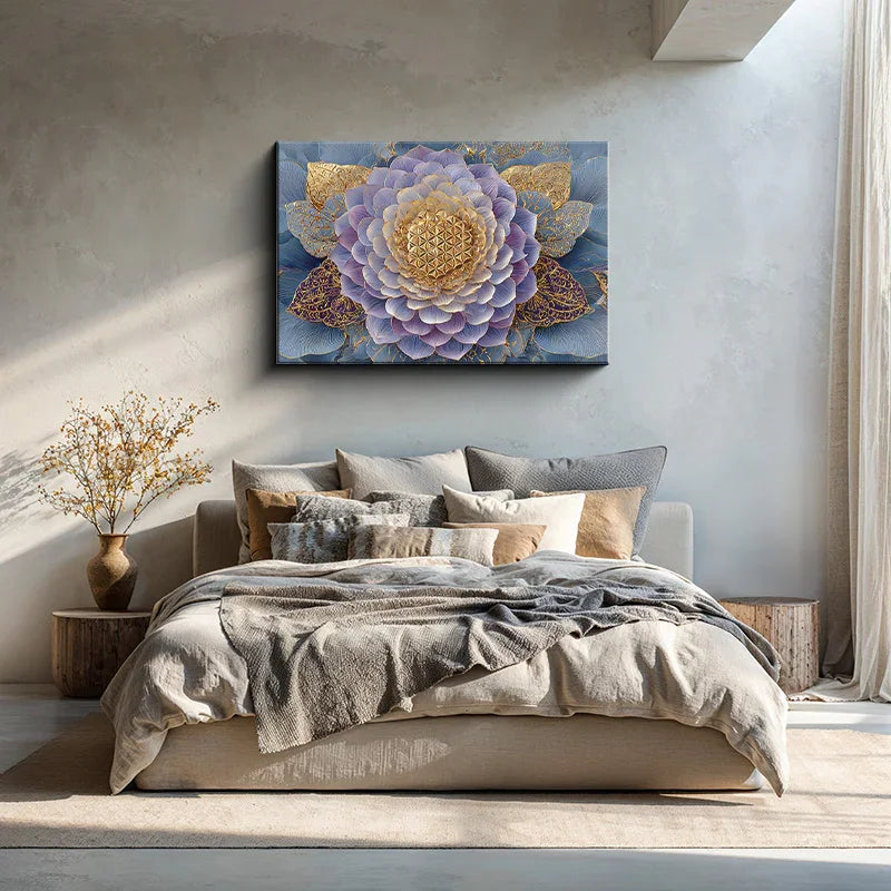 reFlowery – hochwertiges Acryl Wandbild „Blume des Lebens“, Kronenchakra, Scheitelchakra, Violet, Lila, Gold, Blau, versch. Größen