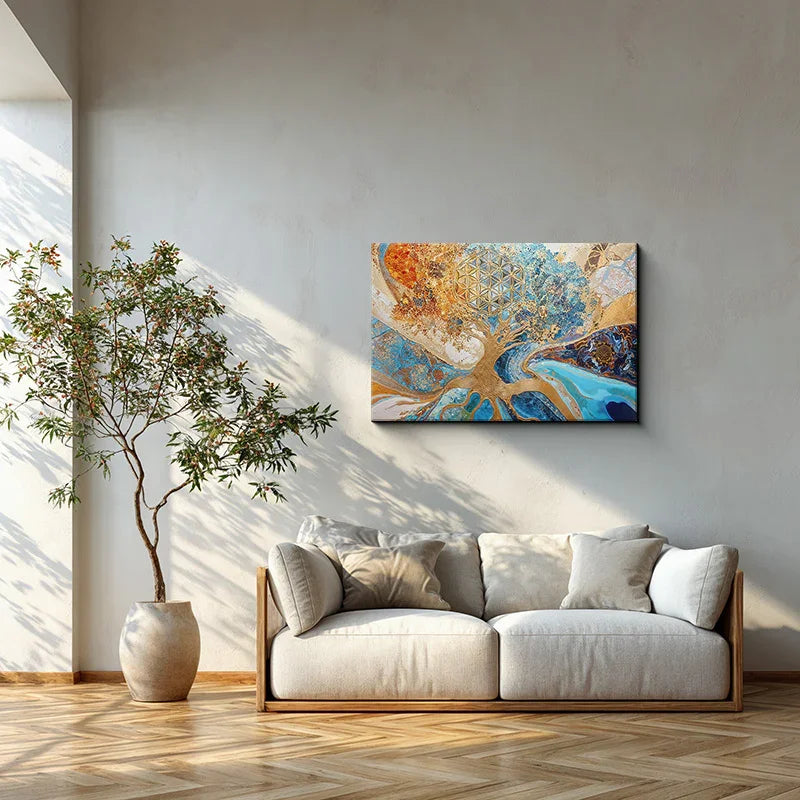 reFlowery – hochwertiges Acryl Wandbild „Blume des Lebens“, „Baum des Lebens“, Bunt, Gold, Fluid, versch. Größen