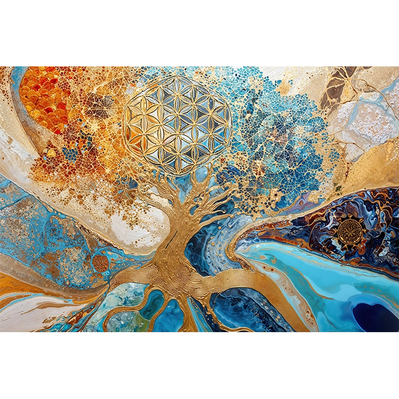 reFlowery – hochwertiges Acryl Wandbild „Blume des Lebens“, „Baum des Lebens“, Bunt, Gold, Fluid, versch. Größen