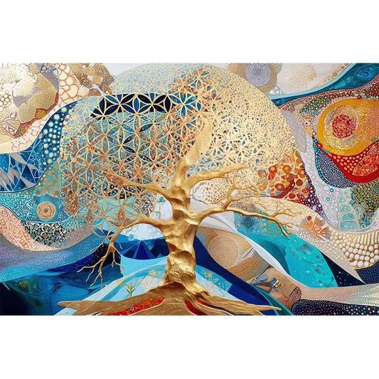 reFlowery – hochwertiges Acryl Wandbild „Blume des Lebens“, „Baum des Lebens“, Gold, Bunt, Abstrakt, versch. Größen
