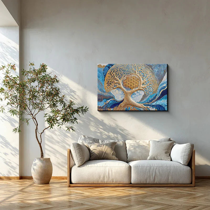 reFlowery – hochwertiges Acryl Wandbild „Blume des Lebens“, „Baum des Lebens“, Blau, Gold, Fluid, versch. Größen