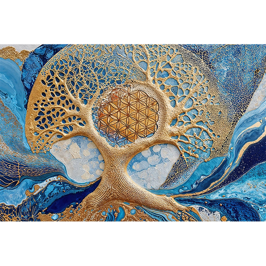 reFlowery – hochwertiges Acryl Wandbild „Blume des Lebens“, „Baum des Lebens“, Blau, Gold, Fluid, versch. Größen