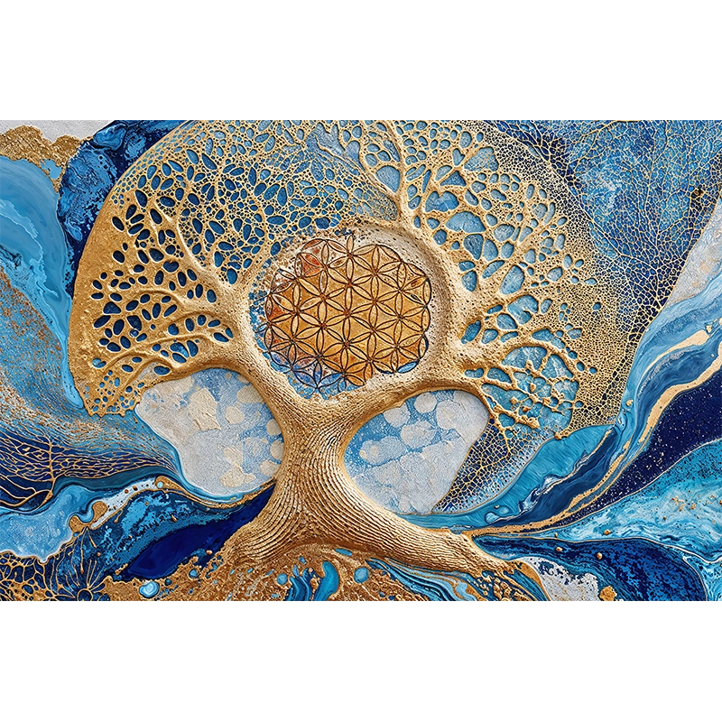 reFlowery – hochwertiges Acryl Wandbild „Blume des Lebens“, „Baum des Lebens“, Blau, Gold, Fluid, versch. Größen