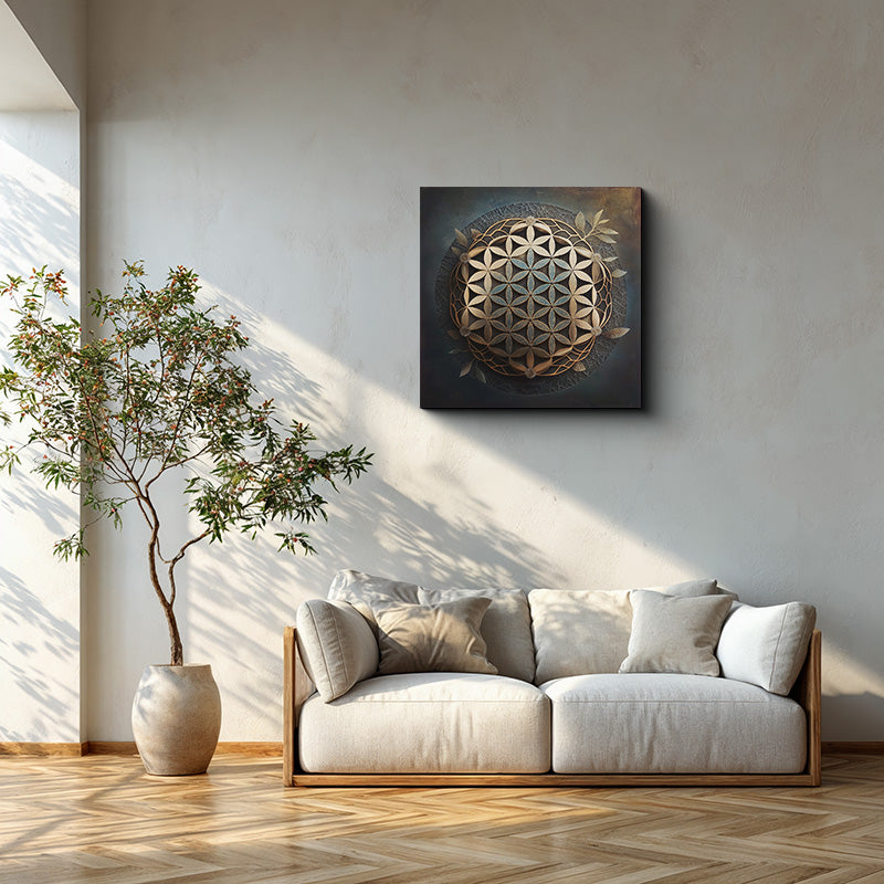 reFlowery – hochwertiges Leinwandbild „Blume des Lebens“, Mittelpunkt, glanz, grau, bronze, versch. Größen
