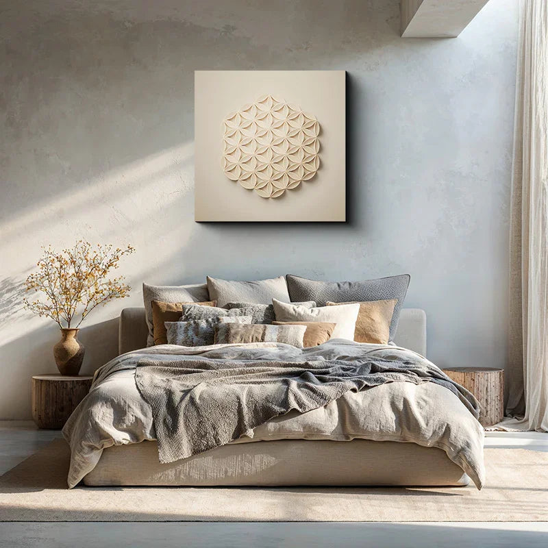 reFlowery - Blume des Lebens Wandbild, Flower of Life, Premium Leinwandbild in ruhiger Schlafzimmer-Szene mit warmer, heller Raumwirkung