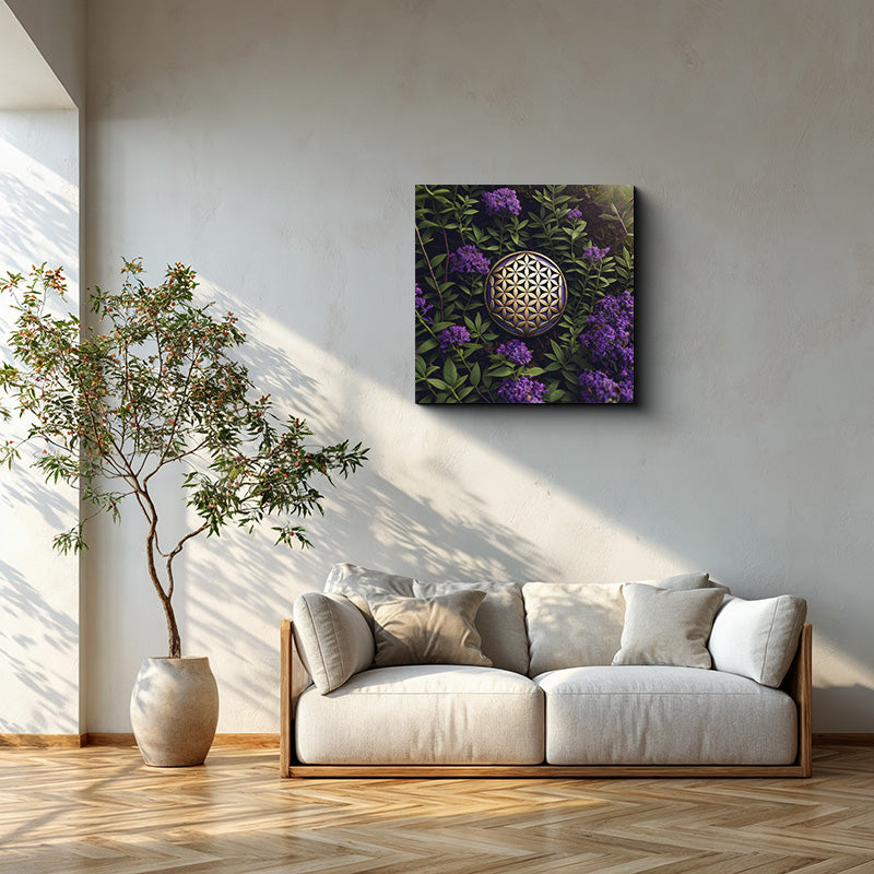 reFlowery – hochwertiges Leinwandbild „Blume des Lebens“, Natur, lila, gold, grün, vesch. Größen