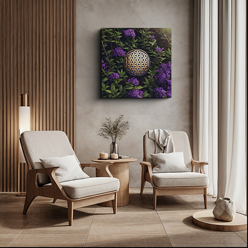 reFlowery – hochwertiges Leinwandbild „Blume des Lebens“, Natur, lila, gold, grün, vesch. Größen