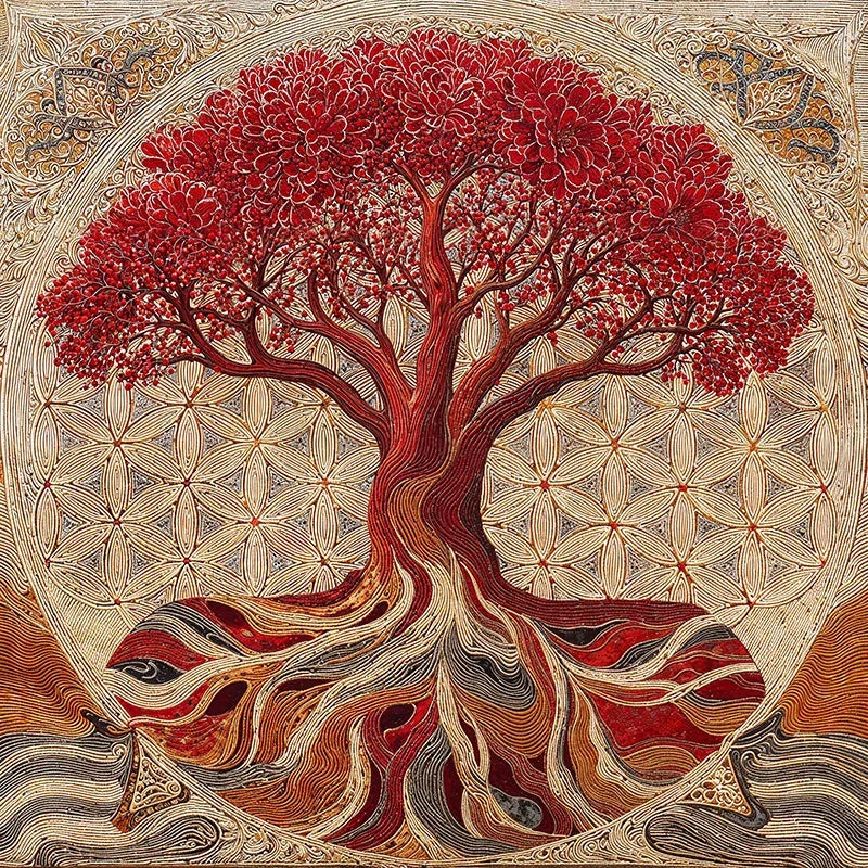 reFlowery – hochwertiges Leinwandbild „Blume des Lebens“, „Baum des Lebens“, Wurzelchakra, Rot, 1, versch. Größen
