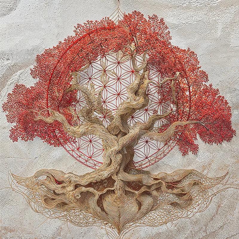 reFlowery – hochwertiges Leinwandbild „Blume des Lebens“, „Baum des Lebens“, Wurzelchakra, Rot, versch. Größen