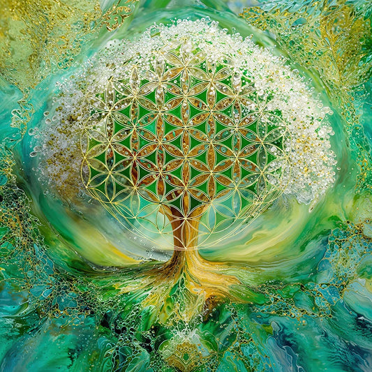 reFlowery – hochwertiges Leinwandbild „Blume des Lebens“, „Baum des Lebens“, Herzchakra, Grun, versch. Größen