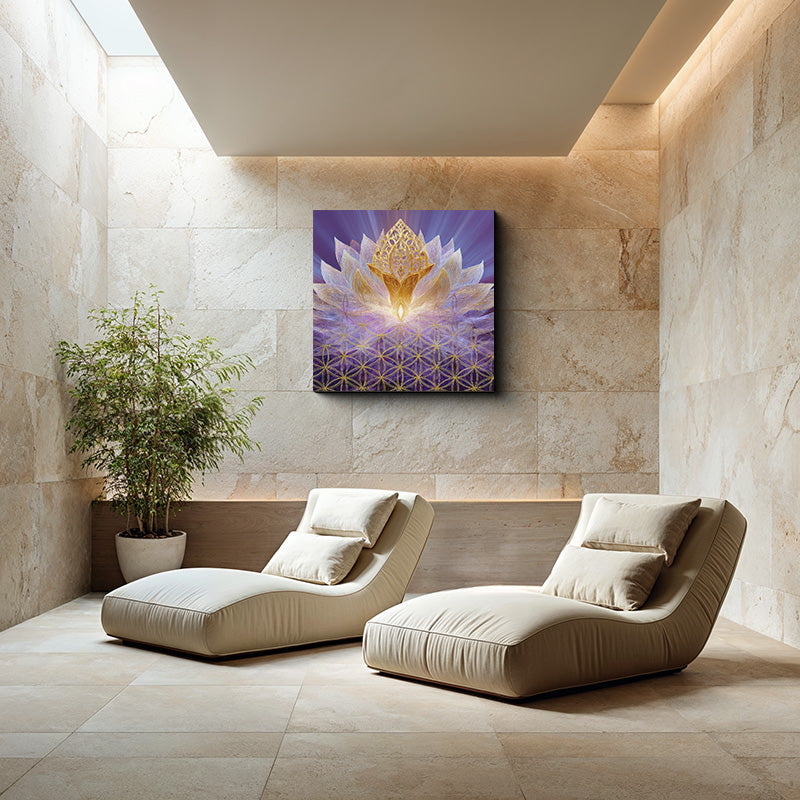 reFlowery – hochwertiges Leinwandbild „Blume des Lebens“, Kronenchakra, Scheitelchakra, Violet, Lila, Gold, versch. Größen
