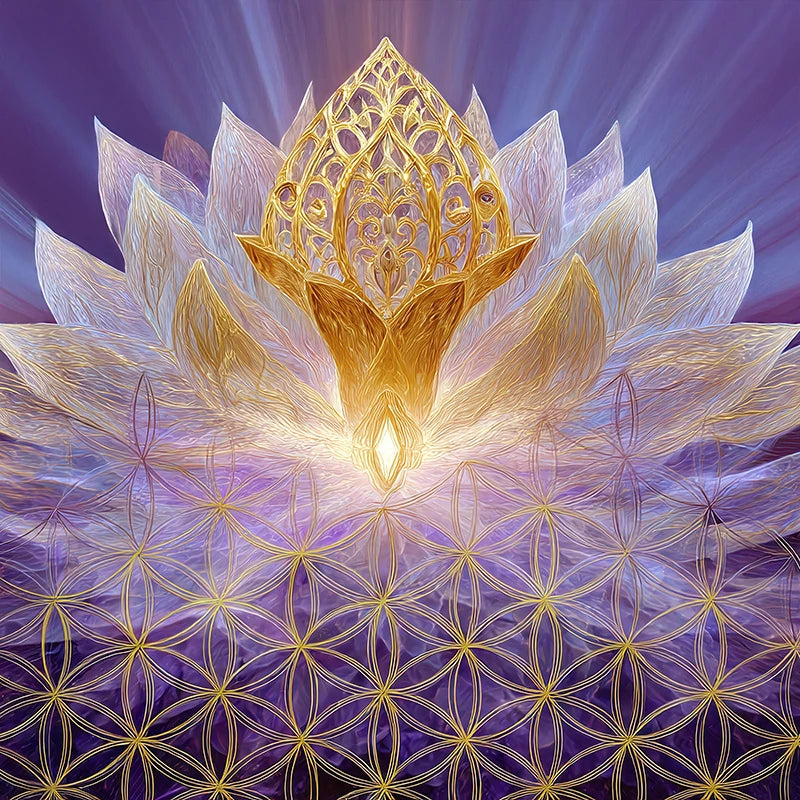 reFlowery – hochwertiges Leinwandbild „Blume des Lebens“, Kronenchakra, Scheitelchakra, Violet, Lila, Gold, versch. Größen