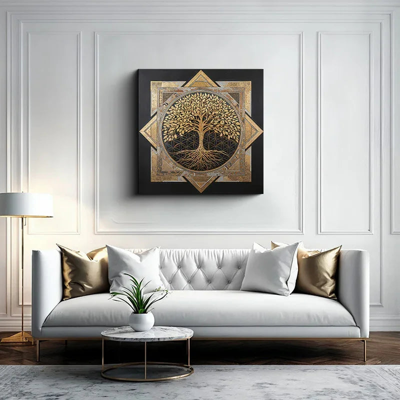 reFlowery – hochwertiges Leinwandbild „Blume des Lebens“, „Baum des Lebens“, Gold, Schwarz, Stern, versch. Größen
