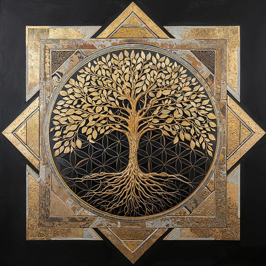reFlowery – hochwertiges Leinwandbild „Blume des Lebens“, „Baum des Lebens“, Gold, Schwarz, Stern, versch. Größen