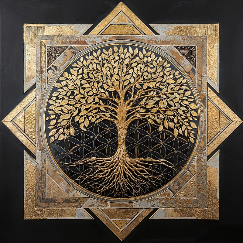 reFlowery – hochwertiges Leinwandbild „Blume des Lebens“, „Baum des Lebens“, Gold, Schwarz, Stern, versch. Größen
