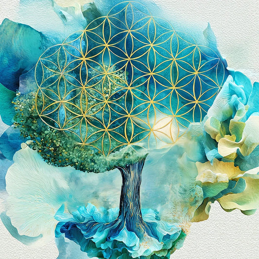 reFlowery – hochwertiges Leinwandbild „Blume des Lebens“, „Baum des Lebens“, 2, Halschakra, Blau, Wassermalfarben, versch. Größen