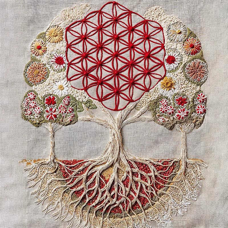 reFlowery – hochwertiges Leinwandbild „Blume des Lebens“, „Baum des Lebens“, Wurzelchakra, Rot, Strick, versch. Größen