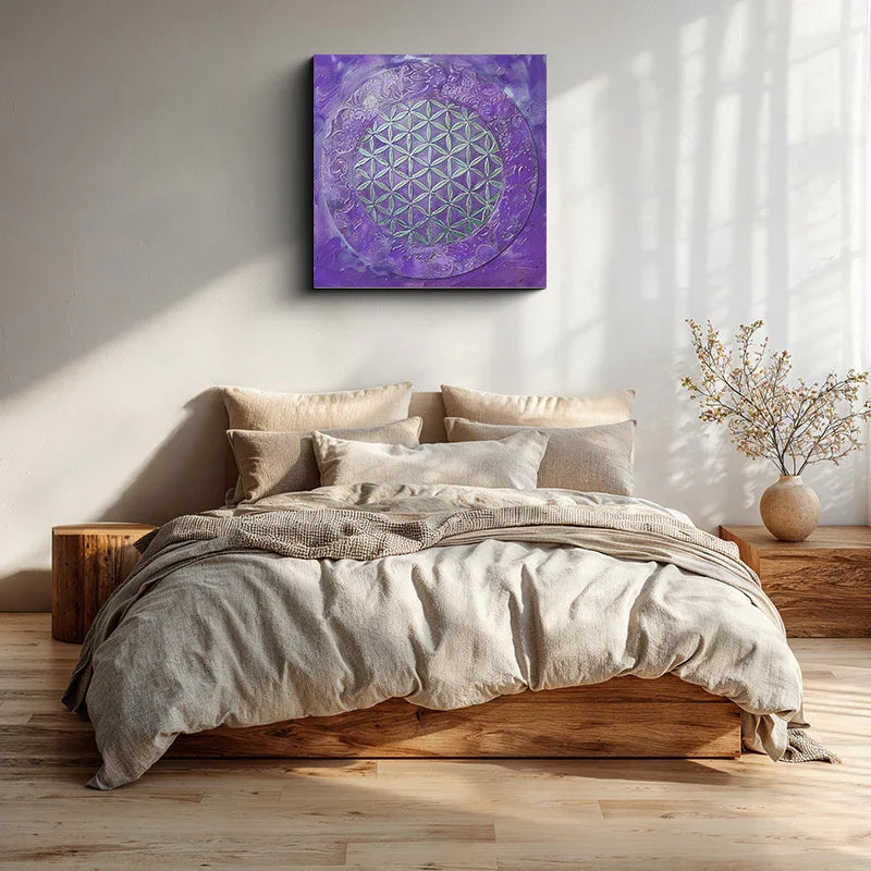 reFlowery – hochwertiges Leinwandbild „Blume des Lebens“, Kronenchakra, Lila, Silber, versch. Größen