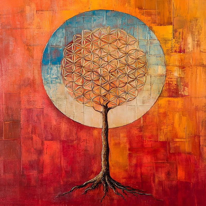 reFlowery – hochwertiges Leinwandbild „Blume des Lebens“, „Baum des Lebens“, Wurzelchakra, Aktivierung, Rot, Orange, versch. Größen