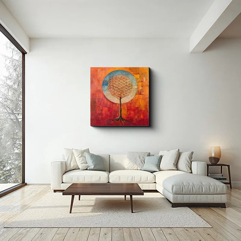 reFlowery – hochwertiges Leinwandbild „Blume des Lebens“, „Baum des Lebens“, Wurzelchakra, Aktivierung, Rot, Orange, versch. Größen